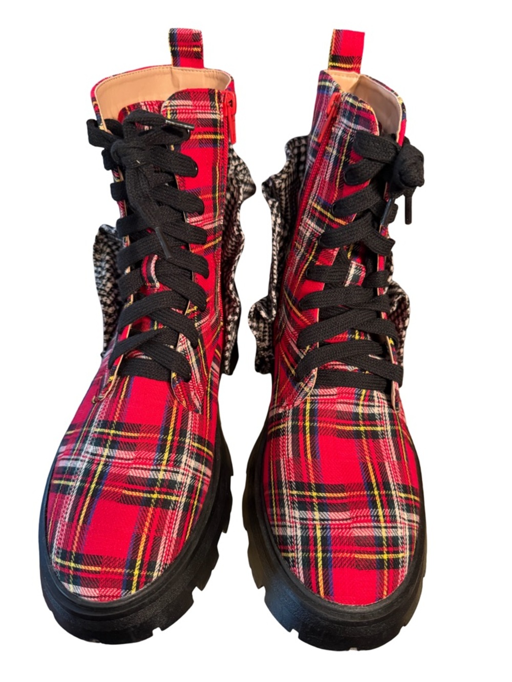 Betsey Johnson NWT Sz 9 Rozy Red Plaid Combat Boots Houndstooth Accent (SH327) - Picture 2 of 12